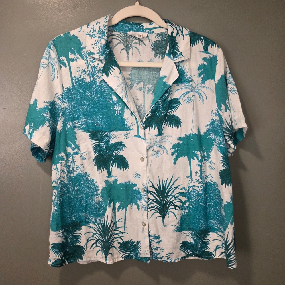Panama Jack Women's Linen Blend Short Sleeve Button Up Shirt Size XL Tropical‎
